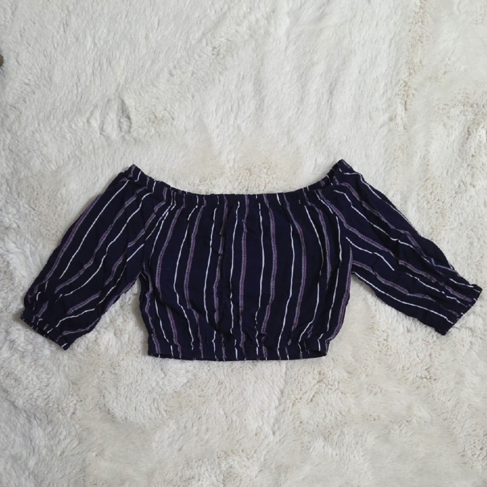 Navy Striped Off-Shoulder Women's Top